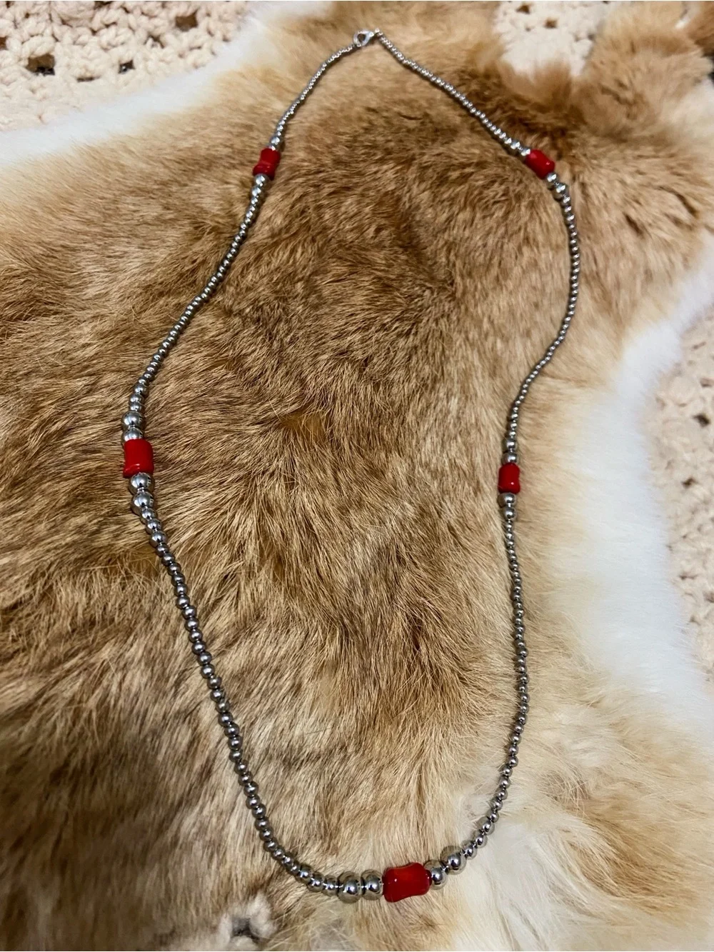 Silver Pearl & Red Coral Necklaces - Navajo Pearl Style - Stainless Steel - Picture 3 of 9